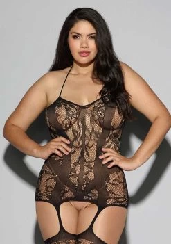 Dreamgirl Queen Size Fishnet Garter Dress – Black – Queen Size