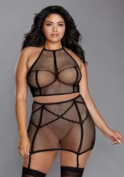 Dreamgirl Seamless Fishnet Two-Piece Set – Black – Queen Size