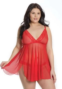 Coquette Trim Babydoll And Thong – Red – QS